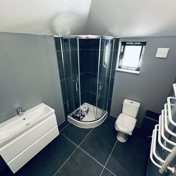 Vonios kambarys – dušas, tualetas, praustuvas ir rankšluosčių džiovintuvas